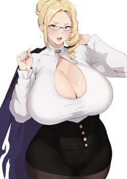 1girl absurdres alternate_breast_size_(larger) black_pantyhose black_skirt blonde_hair breasts cape cleavage cleavage_cutout clothing_cutout coco_(setawar) collared_shirt commentary cowboy_shot drill_hair english_commentary frown glasses glynda_goodwitch green_eyes hair_bun hands_up high_collar highres huge_breasts long_hair long_sleeves looking_at_viewer mature_female open_mouth pantyhose pencil_skirt purple_cape rwby shirt simple_background single_hair_bun skirt solo taut_clothes taut_shirt teeth upper_teeth_only white_background white_shirt