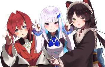 Rule 34 | 3girls, 46 crt, :o, absurdres, ange katrina, ange katrina (1st costume), animal ears, animal hair ornament, back bow, blue bow, blue eyes, blue hair, blue neckerchief, blush, bow, brown coat, brown hair, brown kimono, cardigan, closed mouth, coat, collared shrug, colored inner hair, commentary request, crossed bangs, dog ears, fang, flower, frilled sleeves, frills, group picture, hair between eyes, hair flower, hair intakes, hair ornament, hands up, heterochromia, highres, inui toko, inui toko (1st costume), japanese clothes, kimono, lize helesta, lize helesta (1st costume), long bangs, long hair, long sidelocks, long sleeves, looking at viewer, maid headdress, medium hair, multicolored hair, multiple girls, neckerchief, nijisanji, off shoulder, open mouth, red cardigan, red eyes, red hair, ring finger raised, sanbaka (nijisanji), shirt, shirt tucked in, shrug (clothing), sidelocks, simple background, skin fang, smile, split mouth, streaked hair, triangle hair ornament, two-tone hair, very long hair, virtual youtuber, white background, white hair, white headdress, white shirt, white shrug, yellow eyes
