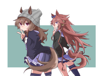 Rule 34 | 2girls, animal ears, beanie, beer hsk, black jacket, bow, brown hair, closed mouth, ears through headwear, grey background, grey hat, hair between eyes, hand in pocket, hand up, hat, horse ears, horse girl, horse tail, jacket, long hair, mask, mask pull, mouth hold, mouth mask, multiple girls, nakayama festa (umamusume), open clothes, open jacket, orfevre (old design) (umamusume), parted lips, purple eyes, purple shirt, purple skirt, purple thighhighs, school uniform, shirt, single thighhigh, skirt, striped clothes, striped headwear, tail, thighhighs, tracen school uniform, two-tone background, umamusume, v, vertical-striped clothes, vertical-striped headwear, very long hair, white background, white bow