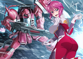 1girl :d amasaki_yusuke artist_name ass blush boots breasts electricity gloves grey_gloves gun gundam gundam_seed gundam_seed_destiny hair_behind_ear hair_between_eyes holding holding_gun holding_weapon looking_back lunamaria_hawke mecha medium_breasts mobile_suit open_mouth pilot_suit purple_eyes purple_hair red_footwear robot short_hair shoulder_spikes smile spikes weapon