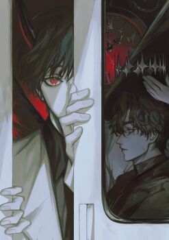 1other 2boys absurdres aegyo_sal black_coat black_hair black_shirt clock_hands coat crown demon_horns hashtag-only_commentary highres horns kim_dokja looking_at_viewer male_focus messy_hair multiple_boys omniscient_reader&#039;s_viewpoint one_eye_covered opening_door out_of_frame pocket_watch red_eyes red_light reflection roman_numeral shirt short_hair ssanagi00 upper_body watch white_coat yoo_joonghyuk