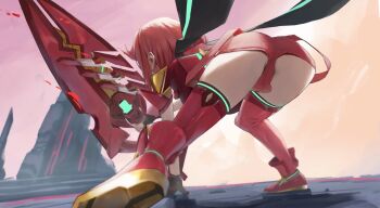 1girl aegis_sword_(xenoblade) ass ass_focus bent_over boots commentary_request from_behind highres holding holding_sword holding_weapon nintendo pyra_(xenoblade) red_boots red_hair red_thighhighs shiroshiroghost solo super_smash_bros. sword thighhighs weapon xenoblade_chronicles_(series) xenoblade_chronicles_2
