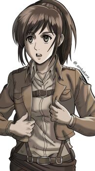 1girl artist_name artkokoro brown_hair brown_jacket collarbone female_focus highres jacket long_hair long_sleeves open_mouth paradis_military_uniform ponytail sasha_blouse shingeki_no_kyojin shirt sidelocks solo survey_corps_(emblem) teeth upper_teeth_only white_background white_shirt
