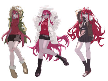 590kogure590 baobhan_sith_(fate) black_sailor_collar black_shirt black_skirt blush boots coat fate/grand_order fate_(series) grey_hair highres hood hoodie long_hair looking_at_viewer multiple_views open_clothes open_coat open_mouth pleated_skirt pointy_ears red_hair red_shirt sailor_collar shirt skirt white_coat