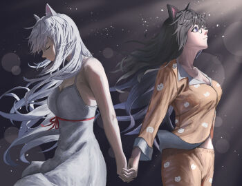 2girls absurdres animal_ears animal_print bakemonogatari bare_arms black_hair black_hanekawa breasts cat_ears cat_print cleavage closed_mouth collarbone cowboy_shot dress dual_persona hanekawa_tsubasa highres holding_hands large_breasts lens_flare long_dress long_hair looking_up monogatari_(series) multiple_girls orange_pajamas pajamas print_pajamas profile ryo_(r9030397) sleeveless sleeveless_dress spaghetti_strap white_dress white_hair
