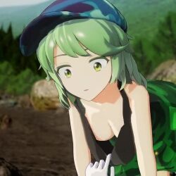 1girl 3d all_fours animated assisted_exposure bare_shoulders blurry blurry_background blush bouncing_breasts breasts camouflage camouflage_headwear disembodied_hand downblouse forest green_eyes green_hair hanging_breasts jiggle large_breasts medium_hair mofumoko5 nature no_bra outdoors solo tagme touhou tree video yamashiro_takane