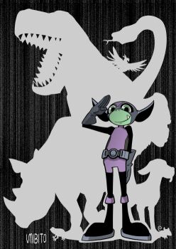 1boy beast_boy_(dc) belt bird boots changeling colored_skin dc_comics dinosaur dog fang frog full_body gloves gorilla green_eyes green_skin male_focus mask mouse_(animal) rhinoceros salute silhouette snake solo standing teen_titans umibito