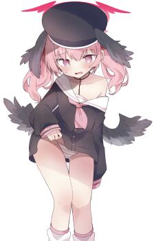 1girl absurdres beret black_wings blue_archive blush clothes_lift collarbone commentary cowboy_shot feathered_wings halo hat head_wings highres koharu_(blue_archive) loli long_sleeves looking_at_viewer low_wings nagi_(nagito) neckerchief off_shoulder open_mouth panties pink_eyes pink_hair pink_halo pink_neckerchief sailor_collar shirt simple_background sleeves_past_wrists socks solo spread_wings striped_clothes striped_panties sweatdrop twintails underwear white_background white_sailor_collar white_socks wings
