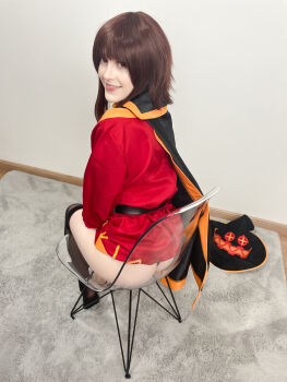 Rule 34 | 1girl, absurdres, ass, asymmetrical legwear, belt, black cape, black gloves, black hat, black panties, black thighhighs, blunt bangs, brown hair, cape, carpet, chair, clothes pull, cosplay, cosplay photo, dress, dress pull, eyelashes, floor, from side, gloves, grin, hat, highres, indoors, kono subarashii sekai ni shukufuku wo!, lips, long hair, looking at viewer, looking back, looking up, megumin, megumin (cosplay), mismatched legwear, no headwear, orange trim, panties, panty peek, photo (medium), real life, red dress, red eyes, sidelocks, single thighhigh, sitting, smile, solo, stelarhoshi, teeth, thighhighs, transparent, underwear, unworn hat, unworn headwear, upper teeth only, wall, witch hat, wooden floor