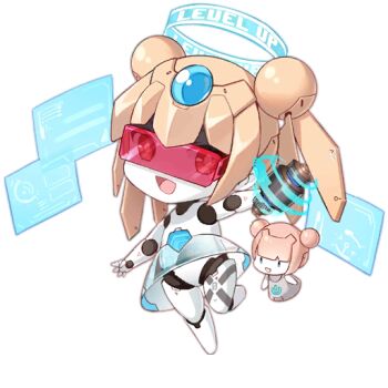 2girls :d artist_request battery blonde_hair blue_eyes blue_gemstone blush blush_stickers chibi colored_skin double_bun dress fairy_(girls&#039;_frontline) floating_screen forehead_jewel full_body gem girls&#039;_frontline grey_dress hair_bun halo head-mounted_display holding honeycomb_(pattern) honeycomb_print joints level_up looking_at_viewer multiple_girls official_art open_mouth power_symbol print_skirt prototype_fairy_(girls&#039;_frontline) red-tinted_eyewear robot_girl robot_joints see-through_clothes see-through_skirt simple_background skirt smile standing standing_on_one_leg stomach_jewel third-party_source tinted_eyewear transparent_background twintails white_skin |_|