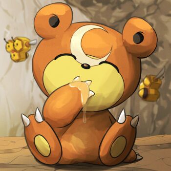 Rule 34 | absurdres, bear, brown fur, claws, closed eyes, combee, gen 2 pokemon, gen 4 pokemon, highres, nintendo, no humans, pokemon, pokemon (creature), sitting, solo focus, spicyichizo, teddiursa
