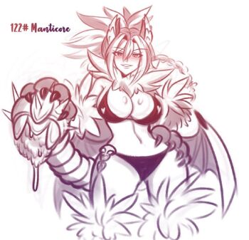 1girl abs animal_ear_fluff animal_ears animal_hands artist_request bat_wings bikini blush braid breasts claws highres large_breasts looking_at_viewer manticore_(monster_girl_encyclopedia) midriff monster_girl monster_girl_encyclopedia monster_girl_encyclopedia_ii ponytail prehensile_tail solo source_request swimsuit tail thick_thighs thighs wings