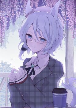 1girl animal_ears beret black_ribbon blue_eyes blue_hair closed_mouth collared_shirt commentary_request cup disposable_cup ear_covers flower gem gloves green_gem hair_between_eyes hat highres horse_ears horse_girl horse_tail jacket k.s.miracle_(umamusume) long_sleeves looking_at_viewer plaid_clothes plaid_jacket ri_cochet ribbon shirt short_hair single_ear_cover smile solo tail umamusume white_gloves white_shirt
