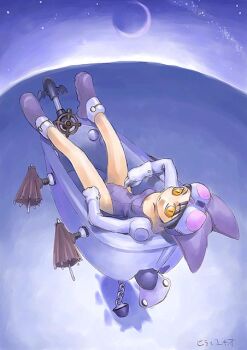 1girl anchor animal_ear_headwear animal_ears archived_source artist_name bad_link bat_wings bathtub black_hair bra breasts brown_umbrella cat_ears chain collarbone crescent_moon cyber_fashion engineering_nonsense expressionless fake_animal_ears from_above goggles goggles_on_headwear hat hirai_yukio in_bathtub leotard looking_at_viewer lying moon oil-paper_umbrella original purple-framed_eyewear purple-tinted_eyewear purple_bra purple_hat purple_leotard purple_shoes purple_sky shadow shoes silver_chain skinny sky slit_pupils small_breasts star_(sky) starry_sky steering_wheel strapless strapless_leotard tinted_eyewear umbrella underwear white_sleeves wings yellow_eyes