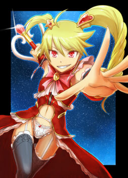 1girl ahoge blonde_hair female_focus foreshortening grin hair_ornament long_hair midriff navel nyaasora panties pixiv_fantasia pixiv_fantasia_wizard_and_knight red_eyes sky smile solo thighhighs twintails underwear uneven_twintails wand zettai_ryouiki