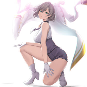 Rule 34 | 1girl, bare shoulders, blue eyes, breasts, corset, gloves, grey hair, gridman universe, highres, jacket, unworn jacket, large breasts, military jacket, mujina, necktie, purple corset, purple neckwear, purple shorts, short hair, short necktie, short shorts, shorts, squatting, ssss.dynazenon, sunkilow, white footwear, white gloves, white jacket
