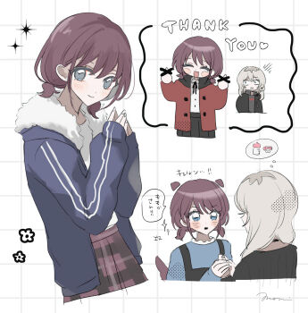 Rule 34 | 2girls, animal ears, black jacket, black sweater, blue eyes, blue jacket, blush, brown hair, censored, censored gesture, closed mouth, commentary, dog ears, dog girl, dog tail, double middle finger, girls band cry, hamchan69, highres, holding hands, iseri nina, jacket, kawaragi momoka, kemonomimi mode, long sleeves, low twintails, middle finger, multiple girls, open mouth, red jacket, short hair, short twintails, sleeves past wrists, steeple, sweater, tail, translation request, twintails