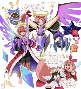 &gt;_&lt; 2boys 2girls alternate_universe angry armor barefoot bendedede black_hair blush_stickers braid butterfly_wings clenched_hands copy_x_(mega_man) crown crystal crystal_wings digital_dissolve dress evil_smile excited fairy fairy_wings glasses gold_trim halo highres huge_claws imagining insect_wings jacket kirby kirby_(series) kirby_64 long_coat long_jacket long_sleeves magolor mega_man_(series) mega_man_zero_(series) multiple_boys multiple_girls nintendo opaque_glasses open_mouth parody red_dress red_eyes red_jacket red_skirt ribbon_(kirby) ripple_star_queen shaded_face shirt skirt sleeves_past_fingers sleeves_past_wrists smile squee sweatdrop third_eye twin_braids what white_armor white_shirt wings worried