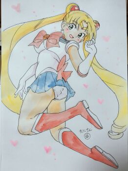 1girl bishoujo_senshi_sailor_moon blonde_hair elbow_gloves gloves long_hair panties ribbon sailor_moon shirt skirt smile tani_gorira traditional_media tsukino_usagi twintails underwear