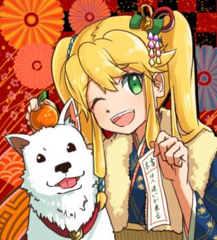 1girl asatsuki_kamo blonde_hair clarissa_arwin dog food fruit green_eyes japanese_clothes kimono long_hair looking_at_viewer lowres new_year one_eye_closed open_mouth orange_(fruit) smile tony_(wild_arms) twintails wild_arms wild_arms_xf