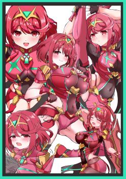 1boy 1girl absurdres aegis_sword_(xenoblade) border breasts chest_jewel commentary_request earrings green_border highres jewelry large_breasts multiple_views otama_(otama_ladle23) pyra_(xenoblade) red_eyes red_hair red_shorts rex_(xenoblade) short_hair short_shorts shorts tiara white_background xenoblade_chronicles_(series) xenoblade_chronicles_2