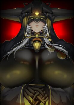 1girl absurdres black_gloves black_veil bodysuit breasts covered_eyes d.e.e.p._(nikke) eyewear_hang glasses gloves goddess_of_victory:_nikke hair_over_breasts helmet hidden_eyes highres hooded_robe huge_breasts lips long_hair own_hands_clasped own_hands_together red_background reflective_clothes robe semi-rimless_eyewear shiny_clothes skin_tight solo uniform unworn_eyewear upper_body upper_body veil white_hair wide_sleeves z_enatsu