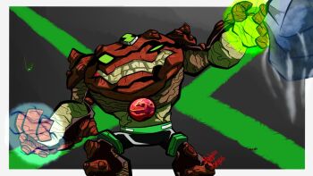 1boy alien belt ben_10 ben_10:_omniverse black_shorts clenched_hands clenched_teeth commentary commentary_request glowing gravattack green_belt green_eyes male_focus no_humans no_pupils omnitrix punching ro_driguevers shorts signature solo spanish_commentary teeth