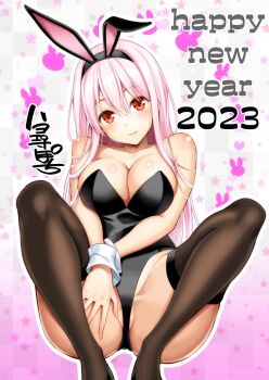 1girl 2023 animal_ear_hairband animal_ears bare_shoulders black_leotard black_thighhighs blush breasts cleavage closed_mouth commentary_request fake_animal_ears hair_between_eyes hairband happy_new_year highres large_breasts leotard long_hair long_sidelocks looking_at_viewer new_year original partially_visible_vulva pink_hair playboy_bunny rabbit_ears red_eyes sidelocks smile solo squatting star_(symbol) star_symbol_background strapless strapless_leotard thighhighs thighs white_wrist_cuffs wrist_cuffs yahiro_pochi