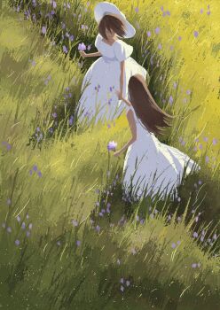 2girls brown_hair commentary_request day dress facing_another flower from_above grass hat holding holding_flower holding_hands joze meadow multiple_girls original outdoors short_hair short_sleeves sleeveless sleeveless_dress sun_hat sundress white_dress white_hat yuri