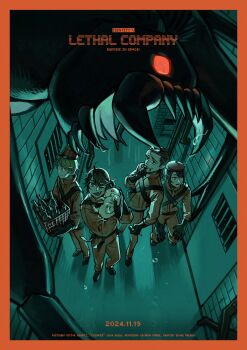 4boys absurdres barred_window black_gloves border bottle crossover edgar_valden english_text forked_tongue gloves grin hat highres identity_v in-universe_location jumpsuit lethal_company luca_balsa luchino_(identity_v) luchino_diruse monster multiple_boys orange_border orange_jumpsuit sharp_teeth smile sweatdrop teeth tongue tongue_out victor_grantz worker_(lethal_company) yeong_808