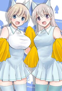 2girls animal_ears bare_shoulders blonde_hair blush brave_witches breasts cheerleader eila_ilmatar_juutilainen fox_ears fox_girl happy inouemitan0926 large_breasts long_hair looking_at_viewer medium_breasts multiple_girls nikka_edvardine_katajainen open_mouth pom_pom_(cheerleading) shadow short_hair smile strike_witches thighhighs weasel_ears weasel_girl white_hair world_witches_series