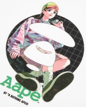 1girl a_bathing_ape beanie blue_eyes braid brown_hair brown_shorts camouflage commentary english_commentary green_hat green_shoes green_socks hair_behind_ear hat headphones headphones_around_neck highres logo long_hair looking_ahead mole mole_under_mouth official_art photo_(medium) pink_sweater shoes shorts sitting smile sneakers socks solo streetwear sweater tree_13