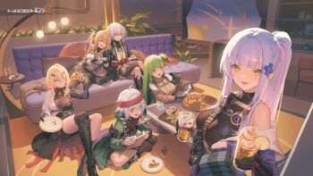 6+girls absurdres andoris_(girls&#039;_frontline_2) belka_(girls&#039;_frontline_2) black_gloves black_pantyhose black_thighhighs blonde_hair breasts brown_hair closed_mouth commentary_request controller cup deme_(karesuki) drinking_glass eating food g11_(girls&#039;_frontline) g28_(girls&#039;_frontline) game_controller girls&#039;_frontline girls&#039;_frontline_2:_exilium gloves green_eyes green_hair grey_hair hair_between_eyes hair_ornament highres hk416_(girls&#039;_frontline) holding holding_controller holding_cup holding_food holding_game_controller holding_pizza indoors klukai_(girls&#039;_frontline_2) lenna_(girls&#039;_frontline_2) leva_(girls&#039;_frontline_2) long_hair looking_at_viewer mechanical_arms mechty_(girls&#039;_frontline_2) multiple_girls official_art open_mouth pantyhose pizza ponytail red_eyes second-party_source single_mechanical_arm sitting smile thighhighs torn_clothes torn_pantyhose ump45_(girls&#039;_frontline) ump9_(girls&#039;_frontline) white_hair