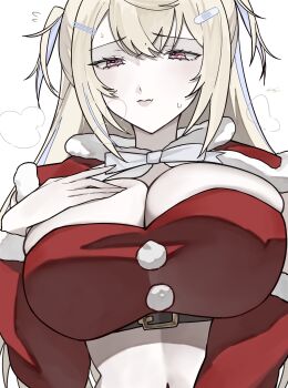 1girl absurdres animal_ear_fluff animal_ears bandaid bare_shoulders blonde_hair blue_hair breasts capelet christmas cleavage dog_ears dog_girl dress ewn fur-trimmed_capelet fur-trimmed_dress fur_trim fuwawa_abyssgard hair_ornament highres hololive hololive_english large_breasts long_hair looking_at_viewer multicolored_hair open_mouth pink_eyes red_capelet red_dress santa_costume santa_dress solo streaked_hair virtual_youtuber
