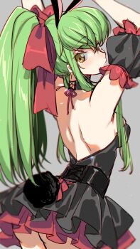 1girl animal_ears backless_dress backless_outfit bare_back black_dress blush breasts c.c. code_geass creayus dress fake_animal_ears fake_tail green_hair hairband highres long_hair looking_at_viewer looking_back medium_breasts rabbit_ears rabbit_tail sideboob simple_background solo solo_focus tail thighs yellow_eyes