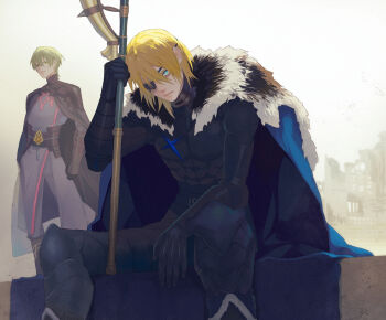 2boys areadbhar_(fire_emblem) armor belt black_armor black_belt black_cape black_fur blonde_hair blue_cape blue_eyes boots breastplate cape closed_mouth commentary_request dimitri_alexandre_blaiddyd dimitri_alexandre_blaiddyd_(timeskip) eyepatch faulds fire_emblem fire_emblem:_three_houses fur-trimmed_cape fur_trim gorget green_hair hair_behind_ear highres holding holding_polearm holding_weapon male_byleth_(awakened)_(fire_emblem) male_byleth_(fire_emblem) male_focus matsu_zatsu multiple_boys nintendo one_eye_covered outdoors parted_bangs polearm sanpaku short_hair sitting standing two-sided_cape two-sided_fabric weapon white_fur