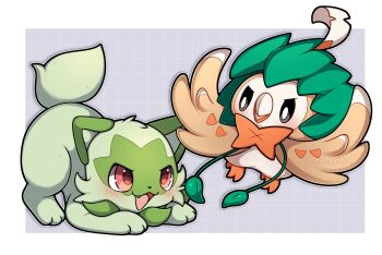 absurdres animal_focus beak bird blush cat fang flying gen_7_pokemon green_fur highres nintendo no_humans open_mouth owl plant pokemon pokemon_(creature) pokemon_focus red_eyes rowlet sevi_(seviyummy) smile sprigatito vines wings