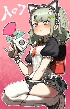 1girl absurdres alternate_costume animal_ears backpack bag bell black_garter_straps cat_ears chroong commentary_request enmaided fake_animal_ears garter_straps gradient_background green_eyes green_hair highres holding jingle_bell korean_commentary maid medium_hair official_alternate_costume pink_background puffy_short_sleeves puffy_sleeves randoseru short_sleeves solo squatting sunna_(afternoon_tea_break)_(zenless_zone_zero) sunna_(zenless_zone_zero) tears thighhighs thighs white_thighhighs wrist_cuffs zenless_zone_zero