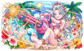 anklet armlet bare_arms bare_legs bare_shoulders barefoot beach beads bikini blue_sky bracelet breasts butterfly_ornament butterfly_wings cel_shading character_request cleavage crash_fever cross-laced_straps crying firing flower full_body game_cg grey_hair grey_tiara gun hair_intakes hibiscus holding holding_water_gun insect_wings jewelry light_rays long_hair machine_gun medium_breasts official_art on_ground open_mouth orange_flower outline palm_leaf palm_tree pink_flower purple_bikini red_flower red_outline sand saturated transparent_wings sitting sky solo sun sunbeam sunlight swimsuit tachi-e tears toes transparent_background tree underboob very_long_hair water_drop water_gun water_tank wavy_hair weapon wings yellow_flower