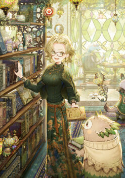 1girl absurdres belt bird blonde_hair book bookshelf breasts cup day earrings fantasy figure floating floral_print flower frog glasses green_shirt green_skirt highres holding holding_book indoors jewelry lamp levitation long_skirt long_sleeves medium_breasts necklace open_mouth original painting_(object) rug shirt sho_(sumika) skirt stained_glass standing sweater table teacup teapot vase