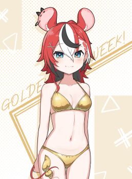 1girl absurdres animal_ear_fluff animal_ear_piercing animal_ears bikini black_hair blue_eyes breasts commentary english_commentary english_text gold_bikini golden_week hair_between_eyes hakos_baelz hakos_baelz_(monochrome_dancer) highres hololive hololive_english long_hair looking_at_viewer medium_breasts mouse_ears mouse_girl mouse_tail multicolored_hair navel official_alternate_hairstyle red_hair shiny_swimsuit smile snowmya solo streaked_hair swimsuit tail undercut virtual_youtuber white_hair