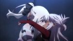 2girls animated anime_screenshot armor back bare_back blush boots chloe_von_einzbern dark-skinned_female dark_skin detached_sleeves fate/kaleid_liner_prisma_illya fate_(series) female_focus forced french_kiss gauntlets huge_filesize illyasviel_von_einzbern kiss leg_lock loli multiple_girls open_mouth saliva saliva_trail sound subtitled tagme tongue tongue_out video watching yuri
