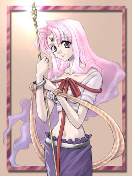 1girl bad_id bad_pixiv_id bindi brown_background facial_mark female_focus forehead_mark gradient_hair long_hair midriff multicolored_hair navel original pink_hair purple_eyes purple_hair ribbon shuri_yasuyuki sidelocks simple_background smile solo staff