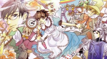 1girl 6+boys alice alice_(cosplay) alice&#039;s_adventures_in_wonderland animal_ears animal_hands apron armor bandana black_hair blonde_hair blue_dress bow bowtie bracelet brothers brown_eyes brown_hair card cat_ears caterpillar caterpillar_(cosplay) cheshire_cat_(alice_in_wonderland) cheshire_cat_(cosplay) club_(shape) clubs cosplay cup cupcake diamonds diamonds_(playing_card) dress epaulettes flower food formal_clothes fujioka_haruhi glasses gloves hair_bow haninozuka_mitsukuni hat heart hearts_(playing_card) helmet highres hitachiin_hikaru hitachiin_kaoru hookah jewelry knight lace lace-trimmed_dress lace_trim mad_hatter_(alice_in_wonderland) mad_hatter_(alice_in_wonderland)_(cosplay) march_hare_(cosplay) march_hare_(wonderland) morinozuka_takashi multiple_boys one_eye_closed ootori_kyouya orange_hair ouran_high_school_host_club paw_gloves pince-nez playing_card rabbit_ears rainbow rose saucer shirt short_hair siblings spade spade_(shape) spades striped_clothes striped_shirt suit suou_tamaki tea teacup teapot top_hat twins vest vial waistcoat watch wink