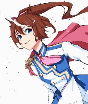 1girl animal_ears ascot brown_hair cape commentary epaulettes from_side hair_between_eyes horse_ears horse_girl jacket long_hair long_sleeves looking_at_viewer multicolored_hair multicolored_jacket pakarappakaratt pink_ascot ponytail red_cape simple_background single_epaulette solo streaked_hair tokai_teio_(peak_joy)_(umamusume) tokai_teio_(umamusume) two-tone_jacket umamusume white_background white_hair white_jacket