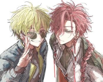 2boys adjusting_eyewear black_coat black_hair black_shirt blonde_hair blue_jacket blush braid braided_ponytail chinese_knot coat coat_on_shoulders collared_shirt earrings grin hair_between_eyes hand_up jacket jewelry kaki_jam03 long_hair long_sleeves looking_at_viewer male_focus multicolored_hair multiple_boys necklace open_mouth parted_lips red_eyes red_hair round_eyewear shiguang_dailiren shirt short_hair simple_background single_braid single_earring sketch sleeves_past_wrists smile sunglasses tassel tassel_earrings teeth turtleneck two-tone_hair undershirt upper_body white_background white_shirt xia_fei xiao_weiying yellow_eyes