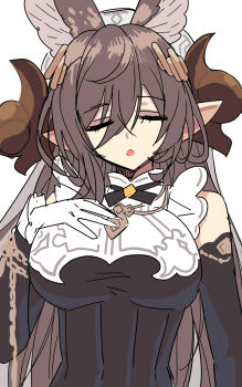 1girl animal_ears bare_shoulders black_bow black_bowtie black_dress bow bowtie breasts brown_hair brown_horns closed_eyes commentary_request detached_sleeves dress e.o. extra_ears galleon_(granblue_fantasy) gloves granblue_fantasy hair_between_eyes hair_ornament hand_on_own_chest hand_up highres horns large_breasts long_hair long_hair_between_eyes long_sleeves open_mouth pointy_ears simple_background sleeveless sleeveless_dress solo upper_body white_background white_gloves white_headdress