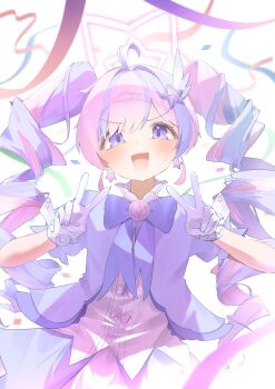 1girl :d absurdres ahoge blue_archive blue_dress blue_hair blush bow bowtie commentary_request confetti cowboy_shot double_v dress dress_bow drill_hair earrings gloves hair_between_eyes hair_intakes hair_ornament halo hands_up highres ixia559 jewelry long_hair magical_girl multicolored_hair official_alternate_costume official_alternate_hairstyle open_mouth pink_bow pink_hair pink_halo puffy_short_sleeves puffy_sleeves purple_bow purple_bowtie purple_eyes reisa_(blue_archive) reisa_(magical)_(blue_archive) short_sleeves simple_background smile smug solo star_(symbol) star_earrings star_hair_ornament star_halo streaked_hair sweatdrop tareme twin_drills twintails two-tone_hair v v-shaped_eyebrows very_long_hair white_background white_gloves wing_hair_ornament