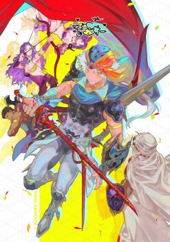 Rule 34 | 2girls, 3boys, arabian clothes, archery, armor, axe, bandana, bikini armor, bow (weapon), breasts, brown hair, buckler, cape, cleavage, closed eyes, closed mouth, coat, commentary request, drawing arrow, fighting stance, final fantasy, final fantasy ii, firion, full body, grey hair, guy (ff2), headscarf, highres, holding, holding axe, holding bow (weapon), holding sword, holding weapon, jewelry, korean commentary, leila (ff2), long hair, maria (ff2), medium breasts, midriff, minwu, multiple boys, multiple girls, multiple rings, muscular, muscular male, naffasy, orange eyes, pants, parted bangs, pink eyes, purple hair, red cape, ring, shield, short hair, shoulder spikes, smile, spikes, sword, turban, very short hair, weapon, white coat, white pants