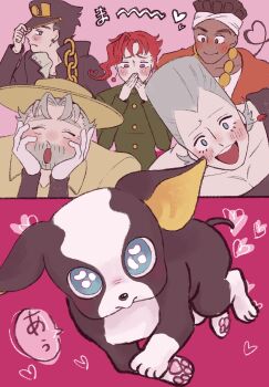 5boys animal beard black_hair blue_eyes blush closed_eyes commentary_request covering_own_mouth dark-skinned_male dark_skin dog earrings facial_hair flattop gakuran grey_hair hands_on_own_cheeks hands_on_own_face hat headband heart highres iggy_(jojo) jean_pierre_polnareff jewelry jojo_no_kimyou_na_bouken joseph_joestar joseph_joestar_(old) kakyoin_noriaki kanokono_kinoko kuujou_joutarou long_hair looking_at_viewer male_focus mohammed_avdol multiple_boys necklace old old_man open_mouth parted_bangs pink_background purple_eyes red_hair school_uniform smile stardust_crusaders translation_request